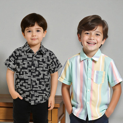 PRAMUKH FASHION HUB Boys Printed Casual Light Green Shirt(Pack of 2)