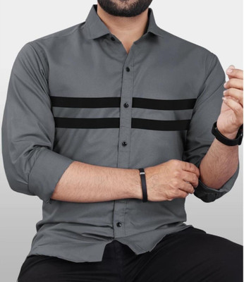 MUSTAKIN CREATION Men Striped Formal Grey Shirt