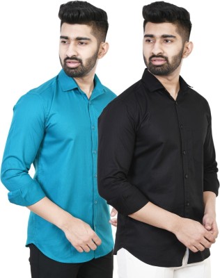 Feel high Men Solid Casual Light Blue, Black Shirt(Pack of 2)