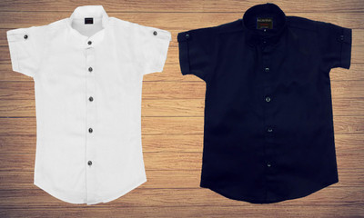Kuwarshah Boys Solid Casual White, Dark Blue Shirt(Pack of 2)