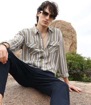 CAMPUS SUTRA Men Striped Casual Green, White Shirt