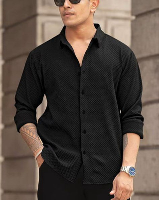 JACKBELLA Men Self Design Casual Black Shirt