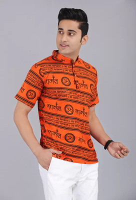 Honeycrafts Men Printed Straight Kurta(Orange)