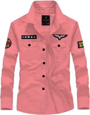 BG TEX Men Embroidered Casual Pink Shirt