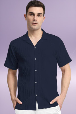 A DEEMOON TREND Men Striped Casual Dark Blue Shirt