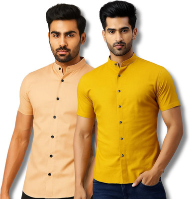 CROWNTAIL Men Solid Casual Orange, Yellow Shirt(Pack of 2)