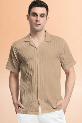 A DEEMOON TREND Men Self Design Casual Cream Shirt