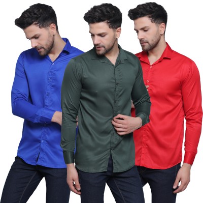 FILNECH Men Solid Casual Blue, Dark Green, Red Shirt(Pack of 3)