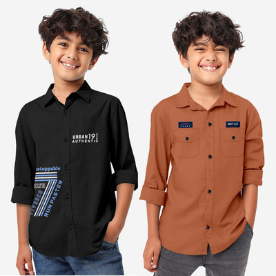 MBF66 Boys Printed Casual Black, Brown Shirt(Pack of 2)