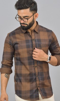 Hems trends Men Checkered Casual Yellow Shirt