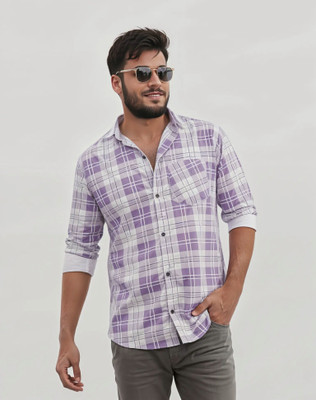 YR TEXTILE Men Checkered Casual Purple Shirt