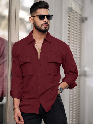 EyeBogler Men Self Design Casual Maroon Shirt