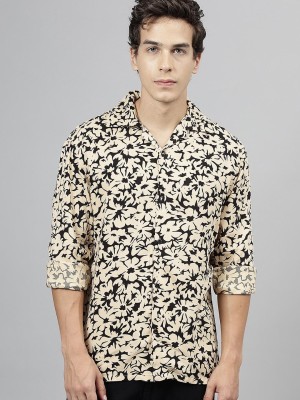 himanier Men Floral Print Casual Beige, Black Shirt