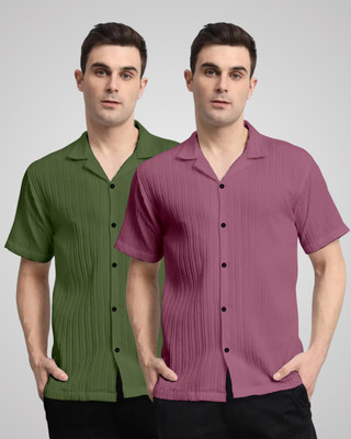 VK Couture Men Self Design Casual Green, Pink Shirt(Pack of 2)