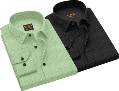 clinch fashion Men Self Design Casual Light Green, Black Shirt(Pack of 2)