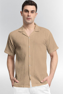 A Dearise Men Self Design, Striped Casual Cream Shirt