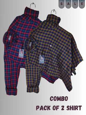 Marc Laurent Men Checkered Casual Dark Blue, Red, Yellow Shirt(Pack of 2)