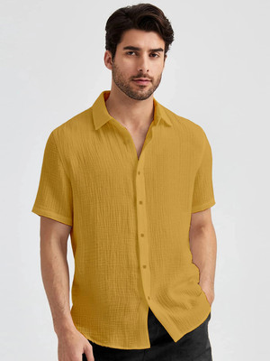 Webric Men Self Design Casual Yellow Shirt
