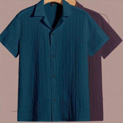 Looksky Men Self Design Casual Blue, Purple Shirt(Pack of 2)