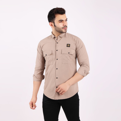 Lionies Men Solid Casual Cream Shirt