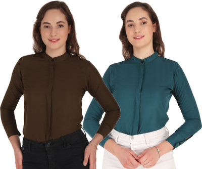 HEAVENS CREATIONS Women Solid Casual Dark Blue, Dark Green Shirt(Pack of 2)