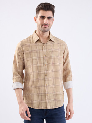 Spykar Men Checkered Casual Beige Shirt