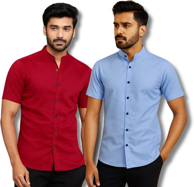 RANGFIT Men Solid Casual Maroon, Light Blue Shirt(Pack of 2)