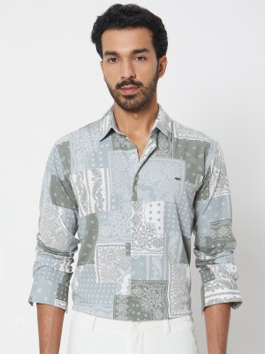 MUFTI Men Printed Casual Grey, Light Blue, White Shirt