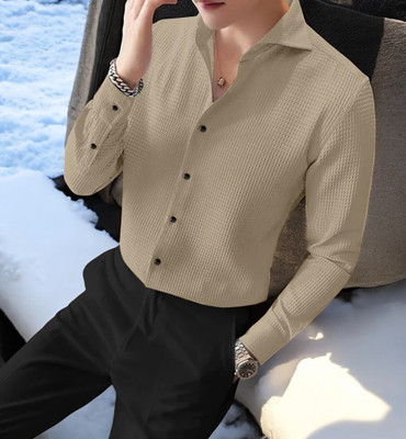gurukrupa creation Men Self Design Casual Cream Shirt