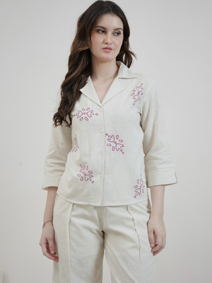Boho By Athena Women Embroidered Casual Beige Shirt