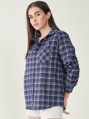 HouseOfCommon Women Checkered Casual Dark Blue Shirt