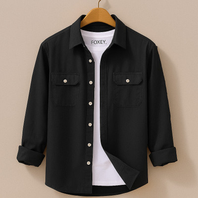 FOXEY Men Solid Casual Black Shirt