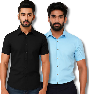 RAREMARK Men Solid Formal Black, Blue Shirt(Pack of 2)