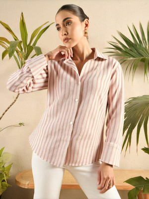 MAYKR Women Striped Casual Beige Shirt
