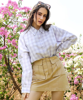 Pinacolada Women Checkered Casual Purple, White Shirt