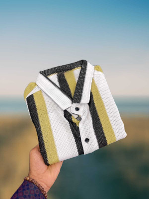 Pribha Fashion Men Striped, Self Design Casual Yellow Shirt