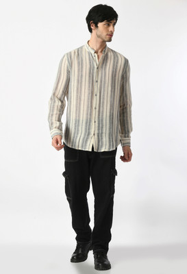 KISSOSS Men Striped Casual White Shirt