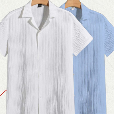 Jenil Fashion Men Self Design Casual White, Light Blue Shirt(Pack of 2)