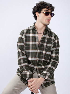VASTRADO Men Checkered Casual Dark Green Shirt