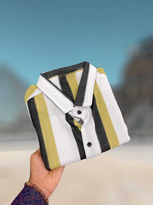 Pribha Fashion Men Striped, Self Design Casual Yellow Shirt