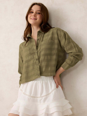 OUTZIDR Women Self Design Party Green Shirt