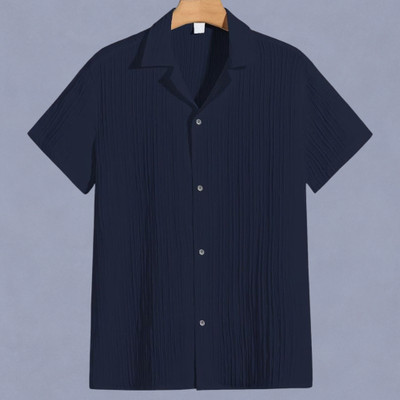 Looksky Men Self Design Casual Dark Blue Shirt