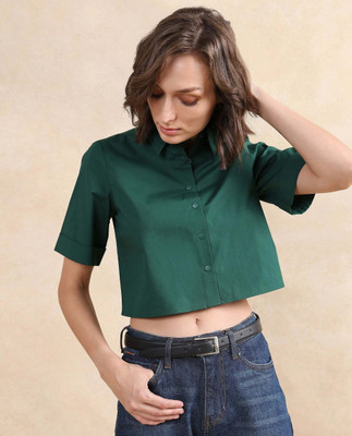RAREISM Women Solid Party Green Shirt