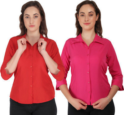 Giggles Women Solid Formal Red, Pink Shirt(Pack of 2)
