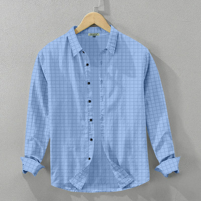 UPQUEDS Men Checkered Casual Light Blue Shirt