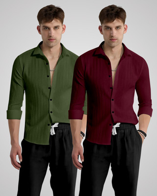 kruze Men Striped Casual Green, Maroon Shirt(Pack of 2)