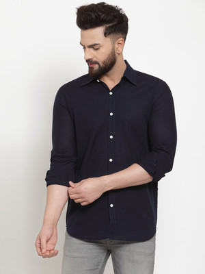 Sanzzy Men Solid Casual Dark Blue Shirt
