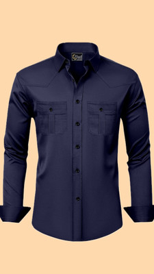 Stellalifestyle Men Solid Casual Dark Blue Shirt
