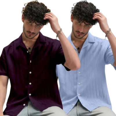 METRONAUT Men Self Design Casual Light Blue, Purple Shirt(Pack of 2)