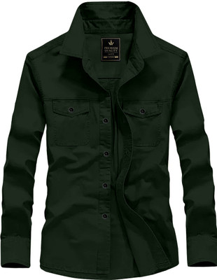 WOXEN Men Solid Casual Dark Green Shirt